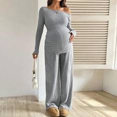 Grey Maternity & Nursing Wear Shein 2pcs Solid Color Asymmetric Neck Maternity Set