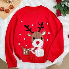 Girls - Red Knitted Sweaters Shein Tween Girl Casual Red Round Neck Long Sleeve Pullover Sweater - Autumn/Winter