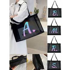 Women Beach Bags Shein Love Print Initial A-Z Mesh Beach Handbag - Foldable