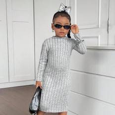 Everyday Dresses - Grey Shein Young Girl Knitted Minimalist Long Sleeve Fitted Dress - Autumn/Winter