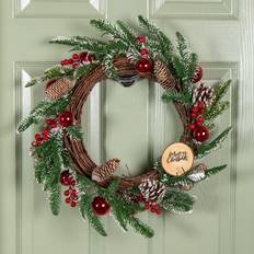 Hanging Decorations Samuel Alexander Christmas Pinecone Wreath 50cm with Red Berries and Baubles Decoration
