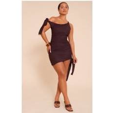 PrettyLittleThing Textured Off Shoulder Tie Mini Dress - Chocolate