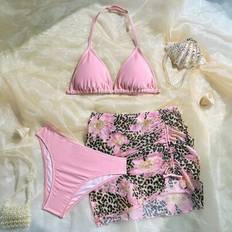 Shein Teen Girl Solid Color Bikini Set With Leopard Floral Cover Up - Mini