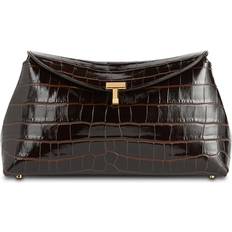 T-Lock Croc-Effect Leather Clutch - Brown
