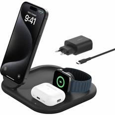 Belkin Trådlösa laddare - USB-C Batterier & Laddbart Belkin MagSafe-laddare, BoostCharge 3-i-1 magnetisk hopfällbar laddare med Qi2 15 W MagSafe-kompatibel laddare för Apple iPhone 15, Apple Watch, AirPods, strömförsörjning medföljer Svart