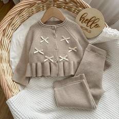 Shein Baby Girl Casual Everyday Bow Decor Knit Set - Beige