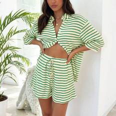 Stripes Suits Shein Striped Short Sleeve Blouse Decorative Tie Waist Shorts Set