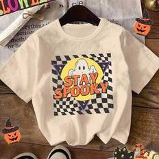 Checkered T-shirts Shein Halloween Toddler Boys Cartoon Checkerboard Ghost Graphic Letter T-Shirt