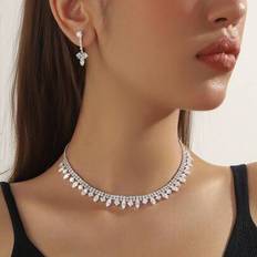 Crystal - Women Jewellery Sets Shein Luxury Shiny Silver Crystal Zirconia Jewelry Set - Shiny Silver