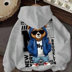 Round Hoodies Children's Clothing Shein Baby Boy Cartoon Letter NY Bear Graphic Thick Crew Neck Long Sleeve Hoodie Sweatshirt - Autumn Winter