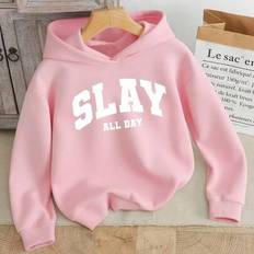 Round Hoodies Children's Clothing Shein Girls Pink Long Sleeve Hooded Sweatshirt - Graphic Print