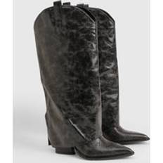 boohoo Wide Fit Clean Distressed Western Heeled Cowboy Boot - Black