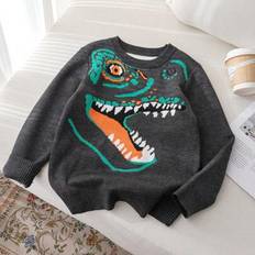 Grey Knitted Sweaters Children's Clothing Shein Young Boy Street Style Dinosaur Pattern Knitted Pullover Sweater - Spring Autumn Winter