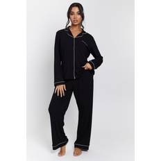 Women Sleepwear Loungeable Ribbed Traditional Long Pyjama Set - Black