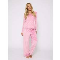 Pink - Women Pyjamas Velour Heart Embossed Long Pyjama Set - Pink