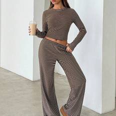 Shein Underwear Shein Aloruh Women&#39;s Casual Homewear Pajama Set, Includes Striped Crew Neck Long Sleeve Tee And Loose Striped Straight Leg Pants, Suitable For Daily Wear, Sports