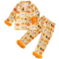 Girls - Yellow Night Garments Shein Kids Girls Halloween Pajamas Set Pumpkin Ghost Print Long Sleeve Tops - Pumpkin/Ghost Print