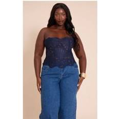 PrettyLittleThing Plus Navy Textured Sheer Floral Lace Corset - Blue