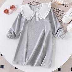 Grey Dresses Shein Girls Cute Collar Ruffle Comfortable Long Sleeve - Gray