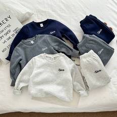 Shein Young Boy Emboidery Letter Fleece Crew Neck Long Sleeve Top Jogger Set - Suitable