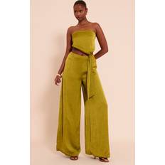 Cut-Out Jumpsuits & Overaller PrettyLittleThing Satin Knot Cut Out Wide Leg Jumpsuit - Green
