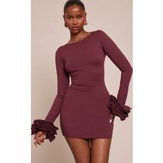 Plum Boat Neck Puff Sleeve Bodycon Dress - Purple