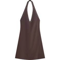 Bershka Bruna Klänningar Bershka Brun Miniklänning Med Halterneck Och Nitar - Brown
