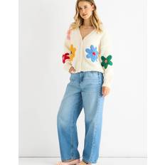 Florals - Women Cardigans Cream Floral Knit Long Sleeves Cardigan - White