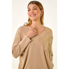 Sequins Jumpers Roman Floral Sequin V-Neck Knit Jumper - Beige