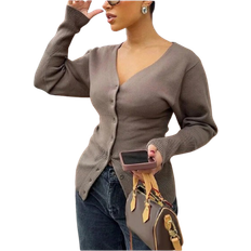 Shein Women's Autumn And Winter Sexy Elegant V-Neck Solid Brown Cardigan Sweater