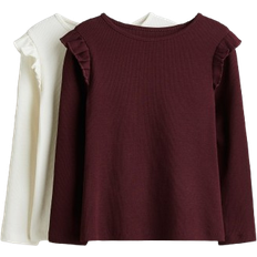 H&M Ribbad Tröja Bomull 2-Pack - Mörkröd/Vit