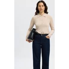 Beige - Dame Polotrøjer Selected Merinould Strikket Poloshirt SLFTHea - Beige