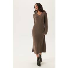 Långa klänningar - Polyester Object Stickad Klänning Objelva L S Re V Neck Knit Dress - Morel Melange