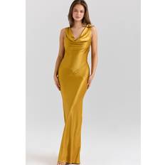 Long Dresses - Yellow House of CB Safaira Amber Satin Draped Cowl Neck Dress - Amber Yellow