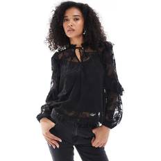Women Blouses New Look Embroidered Lace Blouse Floral Lace High Neck - Black