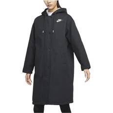 Nike Women Coats Nike Solid Color Hooded Drawstring Logo Print Cotton Coat - Gray Black