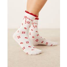 Red Bow Frilly Socks - White