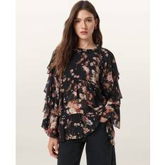 AllSaints Women Tops AllSaints Lissie Floral Ruffle Silk Blend Blouse - Black