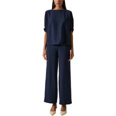 Natural - Women Blouses James Lakeland Round Neck Batwing Top Gathered Sleeve Blouse - Navy