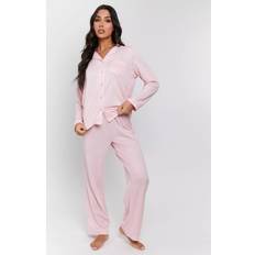 Women Sleepwear Loungeable Marl Brushed Knit Rib Traditional Pyjama Set - Grey