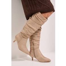 Beige High Boots on sale Dorothy Perkins Wide Fit Khloe Faux Suede Kitten Heel Knee High Ruched Boots - Beige