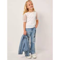 Short Sleeved Rhinestone Bow T-Shirt - Light Cream