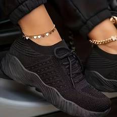 Black Trainers Temu Breathable Mesh Lace-up Sneakers Lightweight - Solid Color