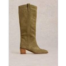 Green - Women High Boots White Stuff Suede Knee High Leather Boots - Green