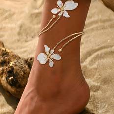 White Anklets Temu Elegant Geometric Line 3D Oil Flower Anklet - White