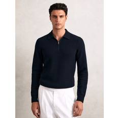 Men - Wool Polo Shirts Reiss Hamilton Wool Waffle-Knit Half-Zip Polo Shirt - Navy