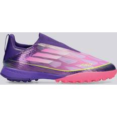 Fotbollsskor konstgräs barnskor adidas F50 League Barnfotbollsskor Utan Snörning För Konstgräs - Purple/Cloud White/Lucid Lemon