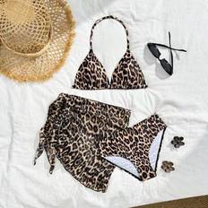 Bikinis Children's Clothing on sale Shein Tween Girl Leopard Print Halterneck Bikini Swimsuit Set Mini Beach Skirt