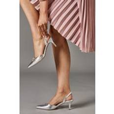 Coast Sam Satin Diamante Bow Brooch Slingback Kitten Heel Court Shoes - Silver