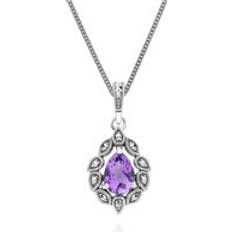 Lila Halsband Gemondo Art Deco Style Pear Amethyst Marcasite Necklace - Sterling Silver
